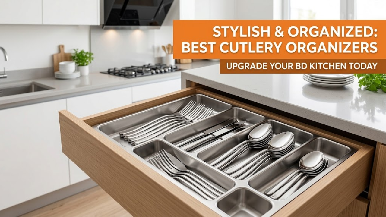 Modern stainless steel cutlery organizer in an organized kitchen drawer.