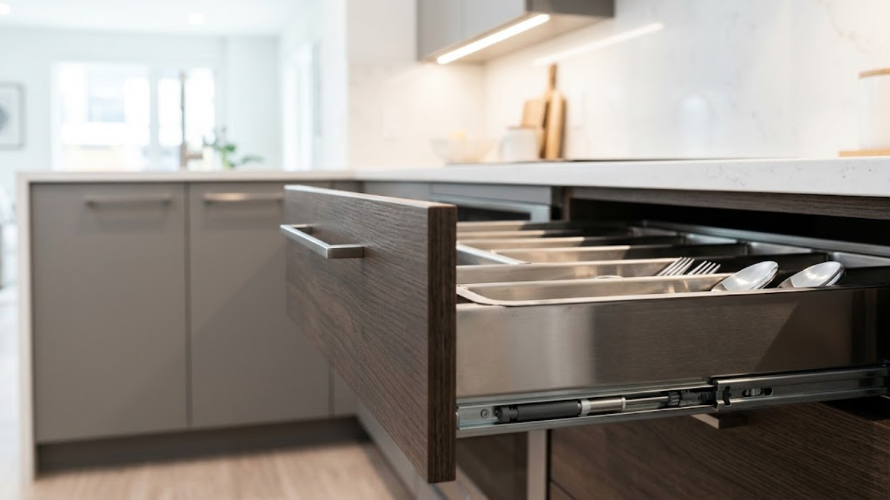 Modern kitchen open wooden drawer with stainless soft close slides and cutlery tray