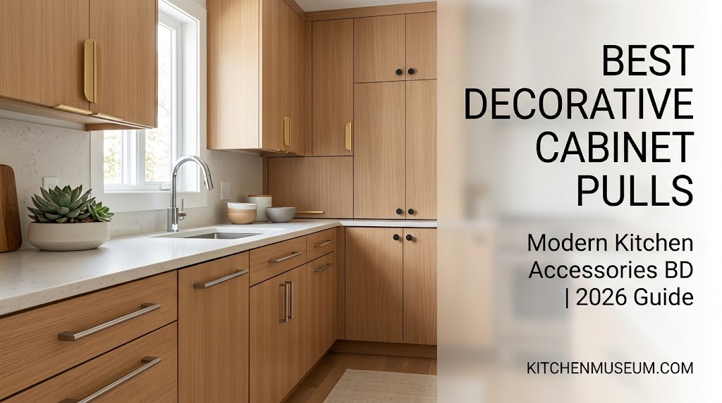 Modern Bangladeshi kitchen showing decorative pulls, knobs, & 2026 guide overlay.