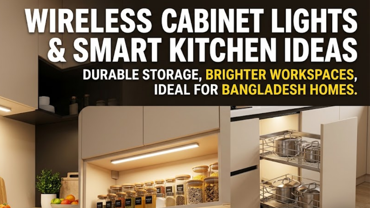 Warm LED wireless under-cabinet light and modular kitchen pull-out baskets in Bangladesh